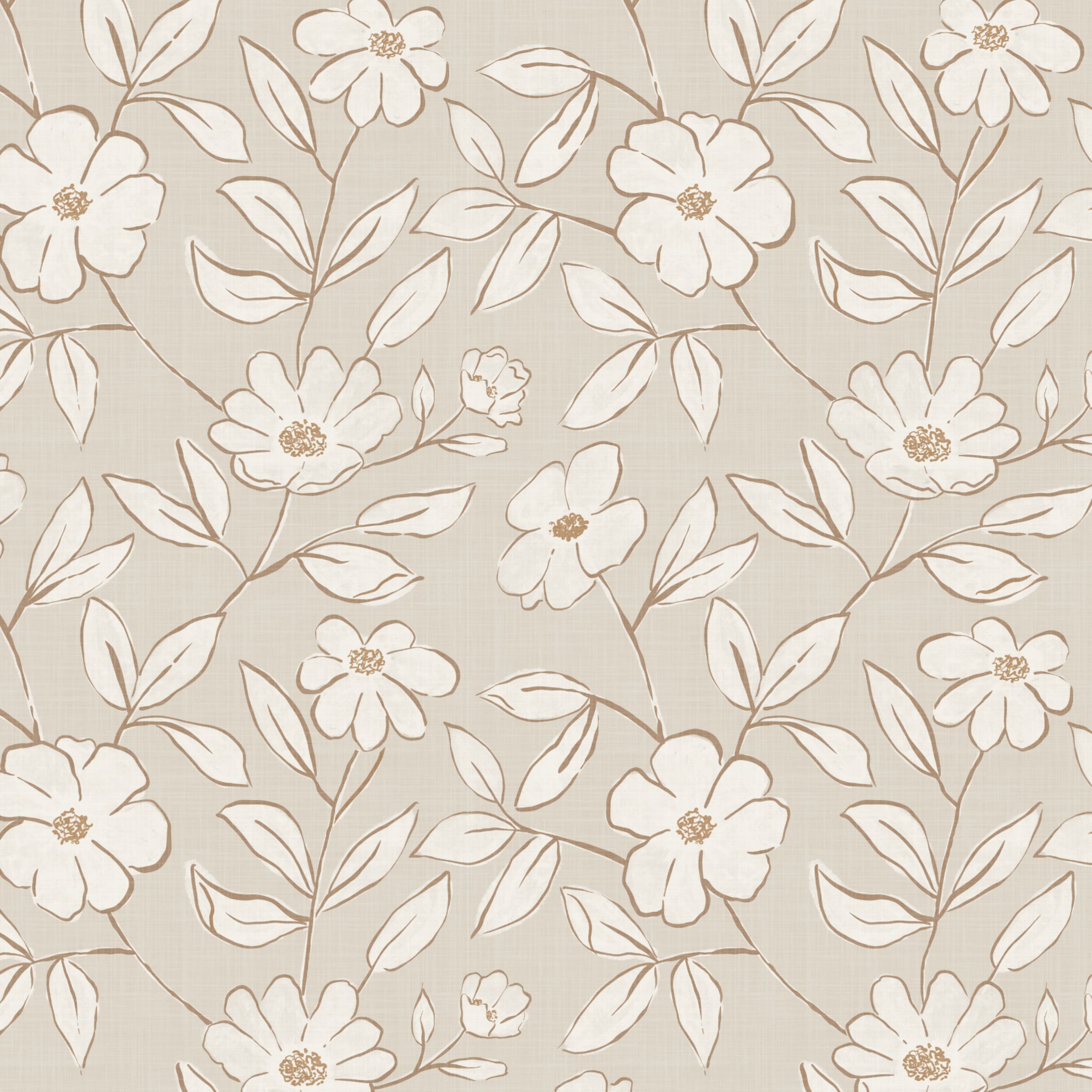 Floral pattern with white flowers and leaves on a beige background